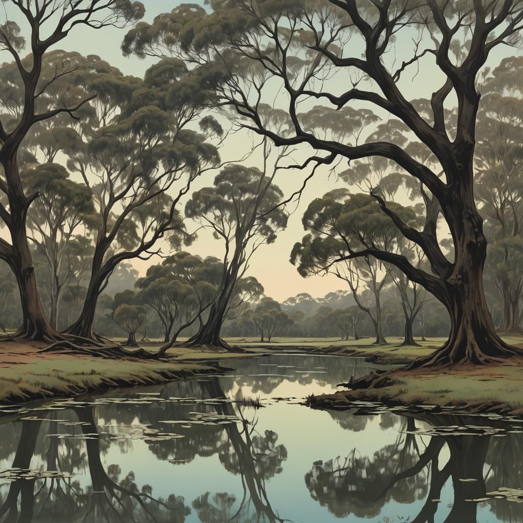 Pond in Shade: Australian Tonalism Grunge Art