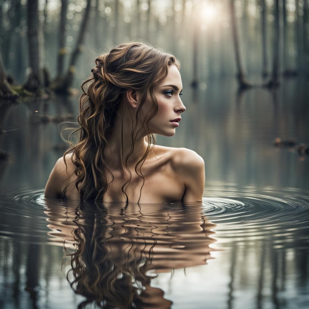 Reflection of a beautiful nymph in the water, atmospheric,de...