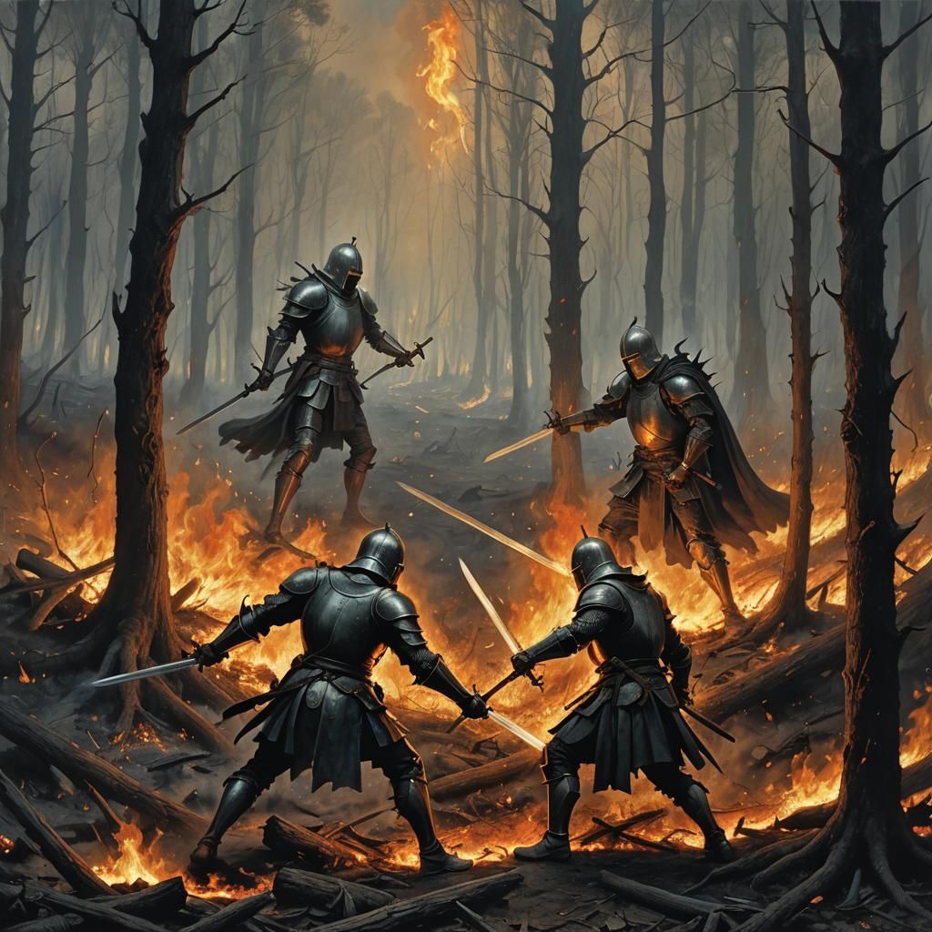 2 knight having a  duel with flaming swords while in a fores...