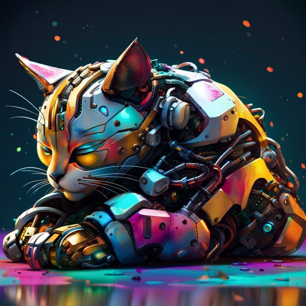 Robot cat takes a robot nap - AI Generated Artwork - NightCafe Creator