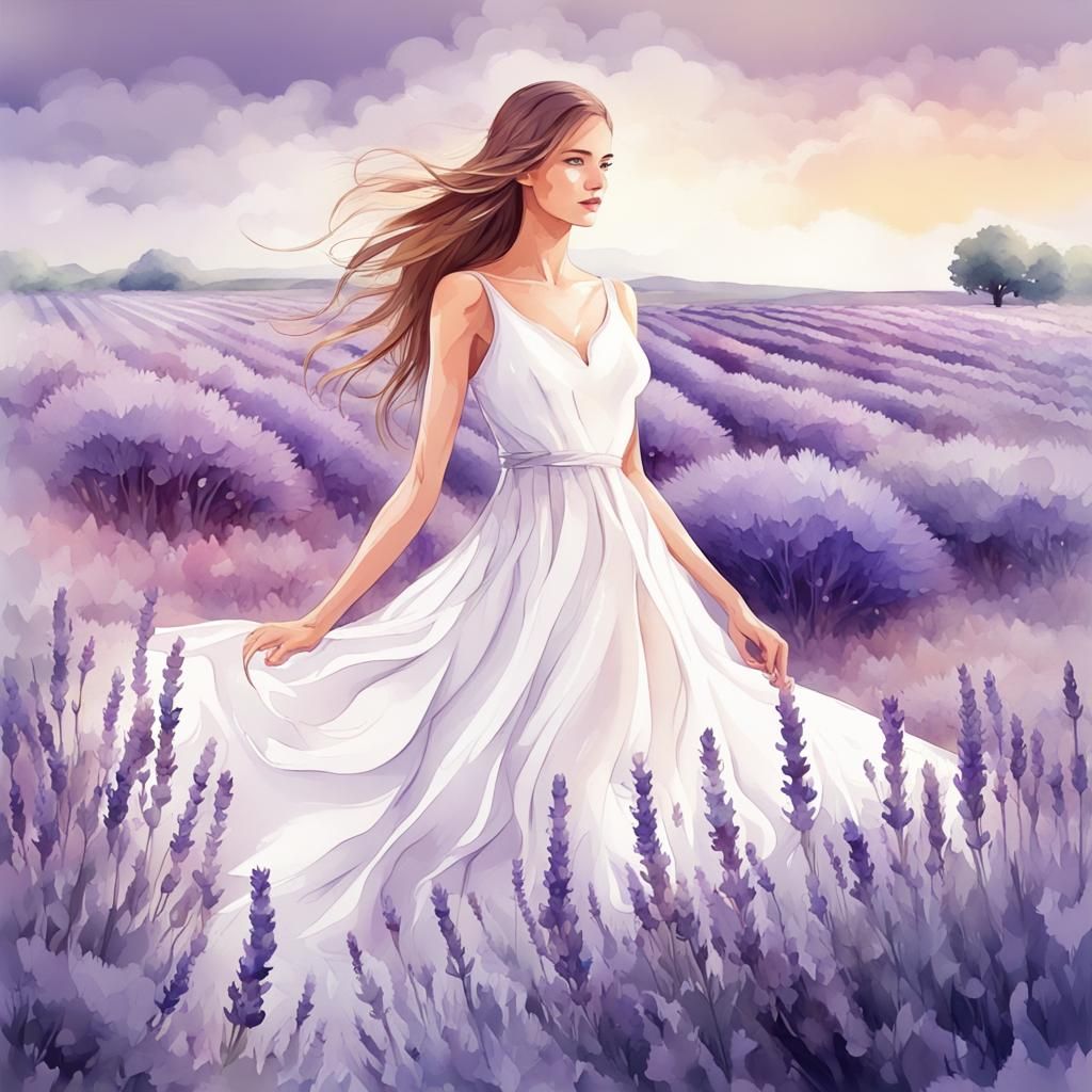 Beautiful young woman in a white dress standing in a field f...