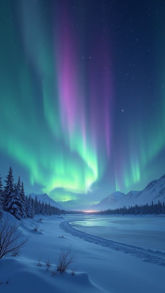 A mesmerizing display of the Northern Lights in Norway, with vibrant green and purple waves dancing across the night sky, illuminating the s...