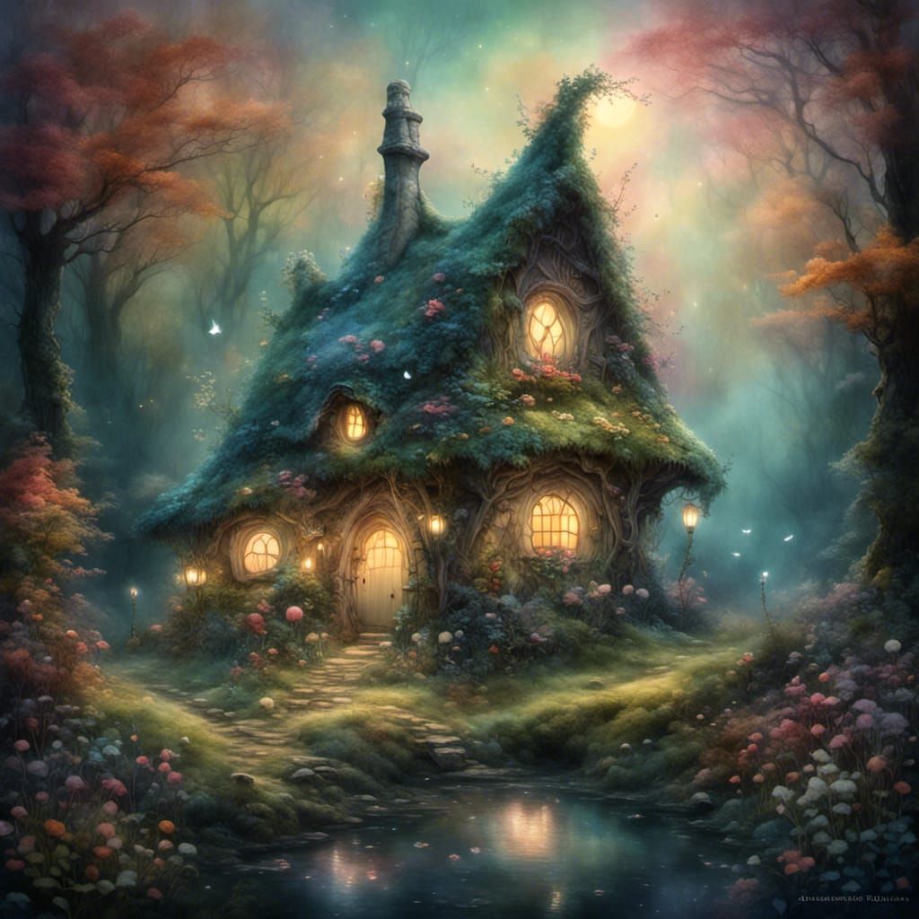 <lora:Eerie Mist:1.0> fairy cottage in enchanted forest