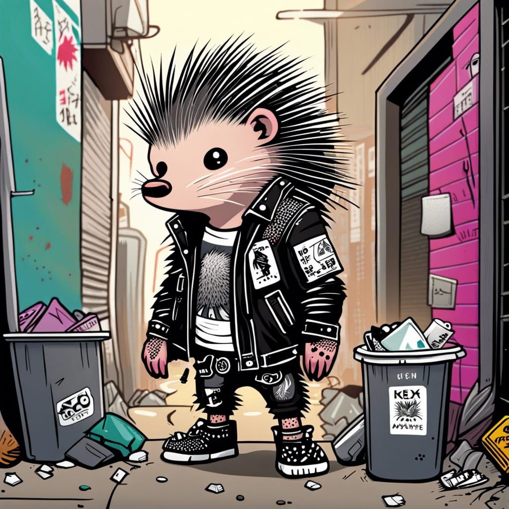 Punk porcupine with tattoos, anatomically correct porcupine , wearing