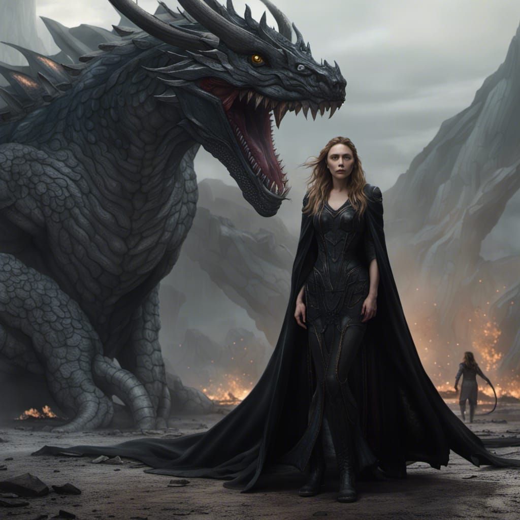 Elizabeth Olsen wear black fantasy dress and stand in front ...