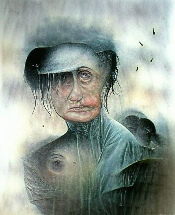 Creepy portrait of a crying woman with large eyes and a smal...