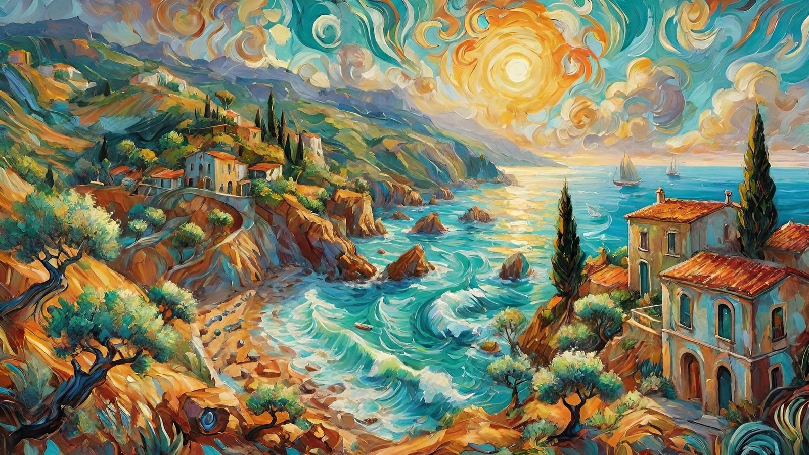 Coastal Mediterranean village, vibrant, colorful, stylized l...