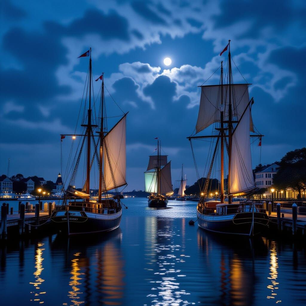 Ships with their sails furled lie at rest against the docks of 19th century Charleston Harbor. It is night with cloudy skies and a waning mo...
