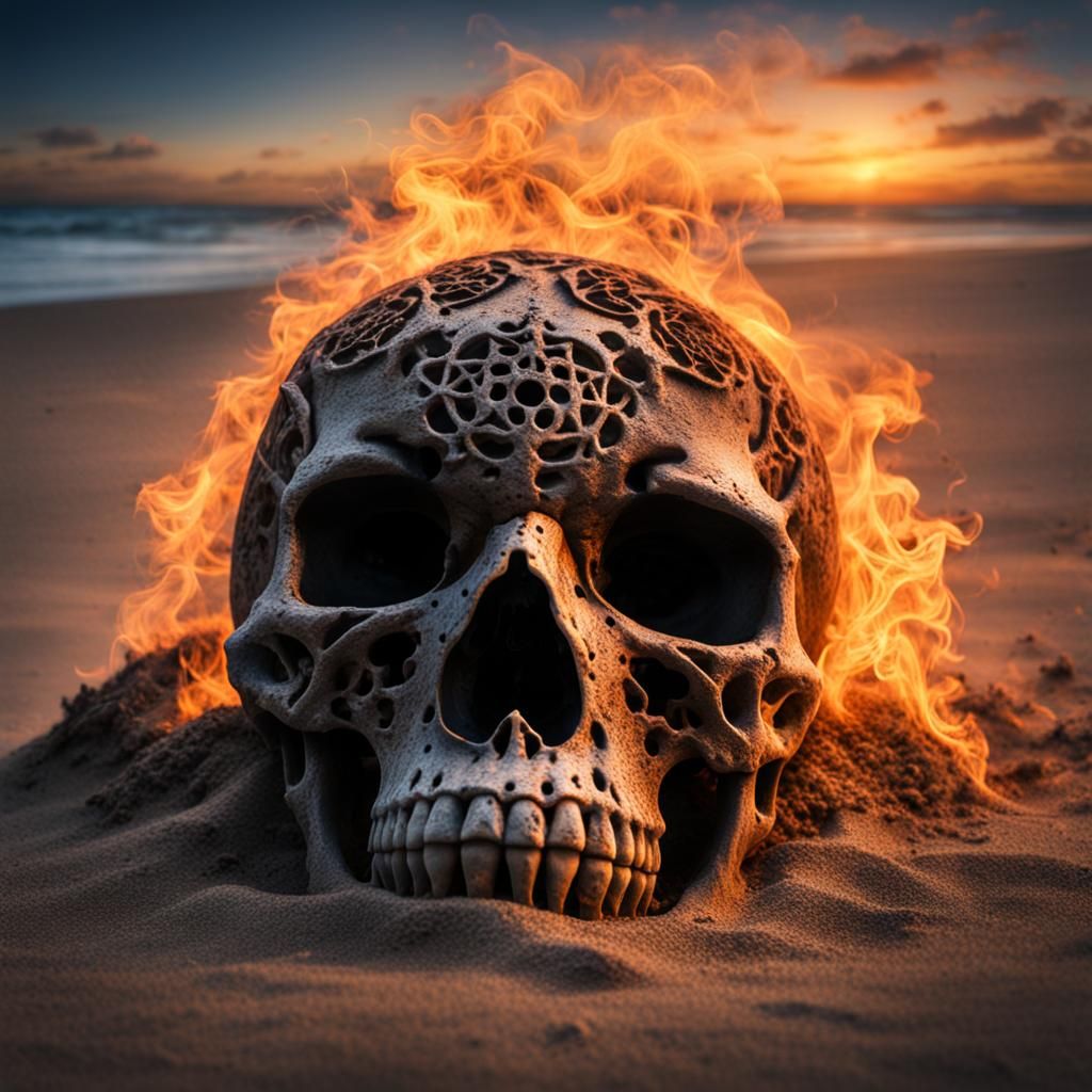burning skull in the sand on the beach