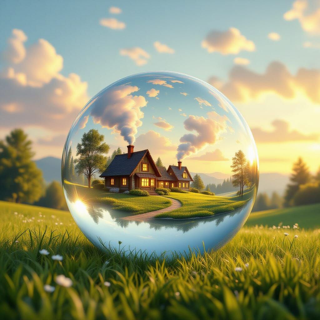 Warm Village Inside Water Sphere in Golden Hour Meadow