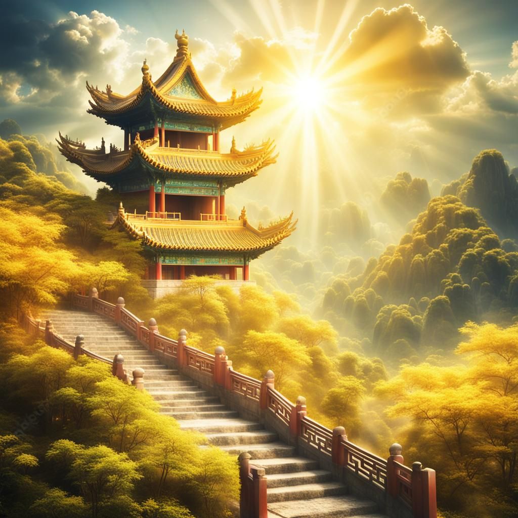 happy ancient chinese scenery heavenly sunshine beams divine bright soft focus holy in the clouds gold ...  by @URSAE
