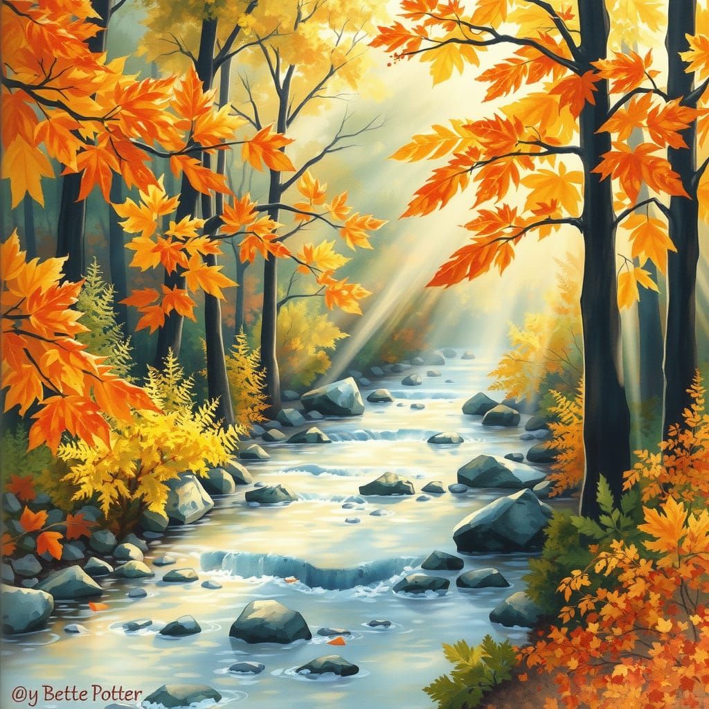 A sparkling stream flows through a dreamy autumn forest. Wat...