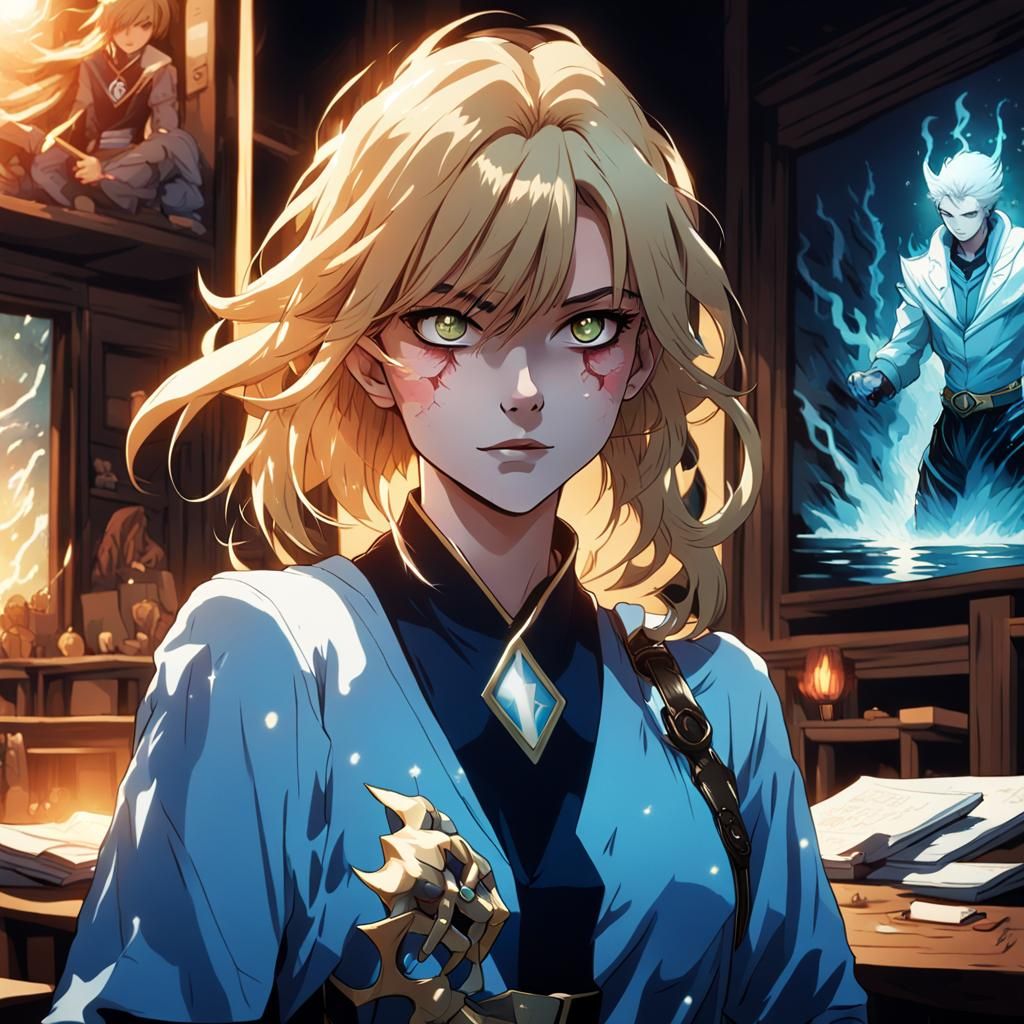 A beautiful blonde woman with the appearance of a demon with...