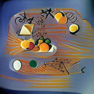 cheese board with oranges and lemons in the blue sky drawn b...