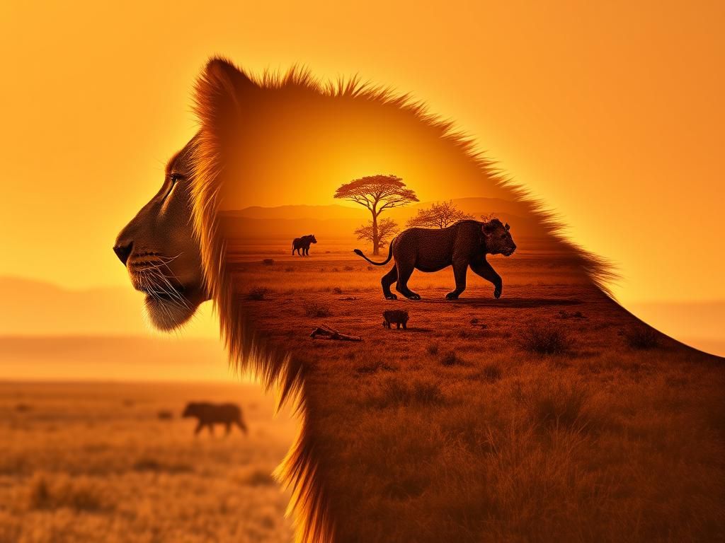 Lion's Inner World: African Savanna Double Exposure