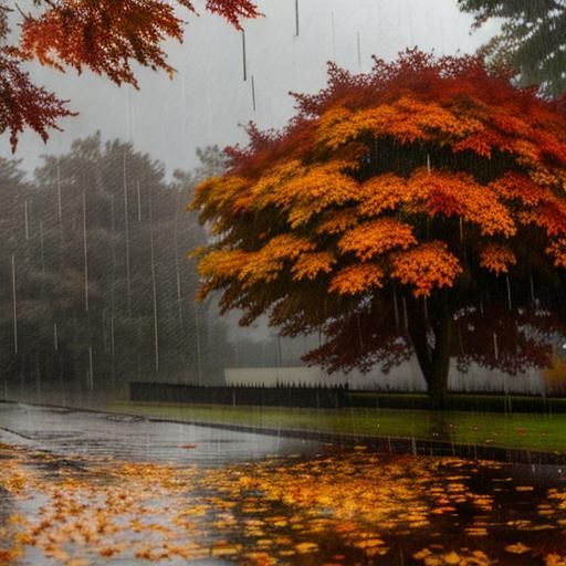 Autumnal leaves in the rain and wind