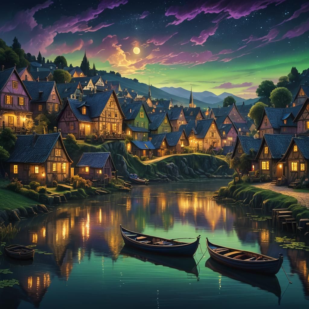 Nighttime River Village in Fantasy Concept Art Style