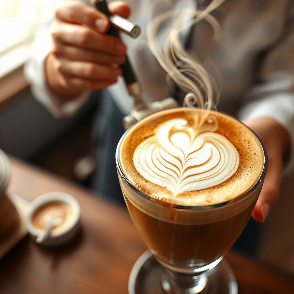 A close-up of a latte with a detailed heart or leaf design f...