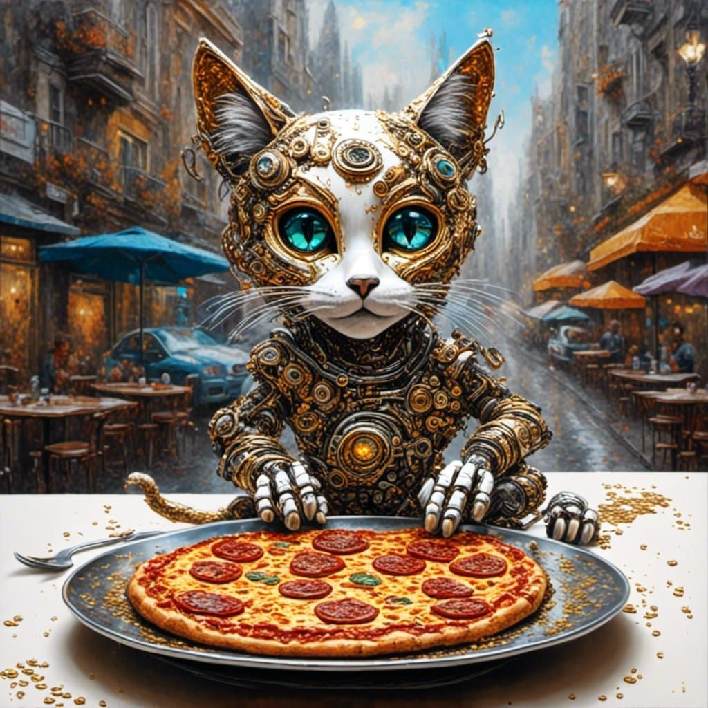 Cyborg Cat Robot Eating Pizza, Hyperrealistic Sci-Fi Art