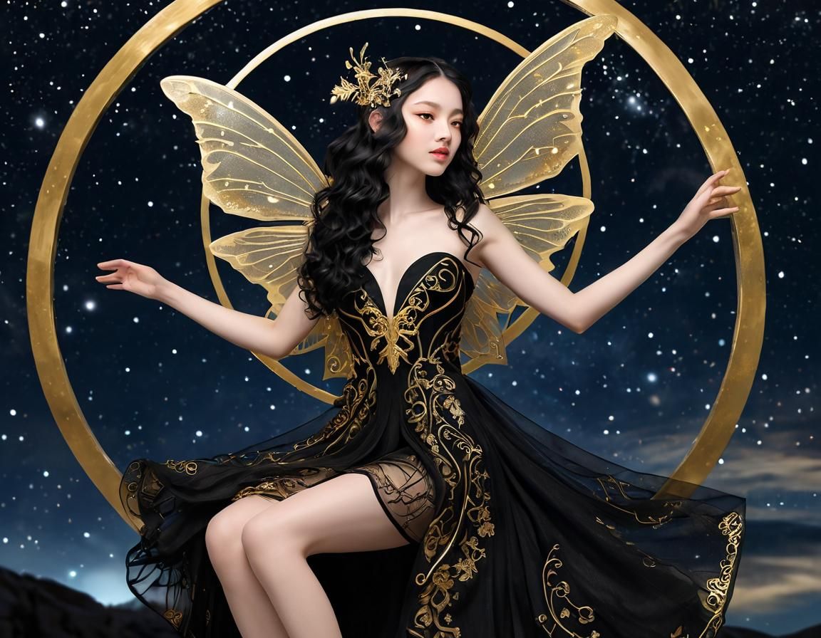 Gold Winged Fairy on Crescent Moon in Fantasy Style