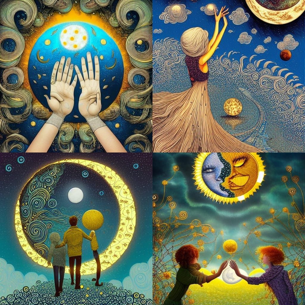 Cartoon Sun and Moon Walk Hand-in-Hand