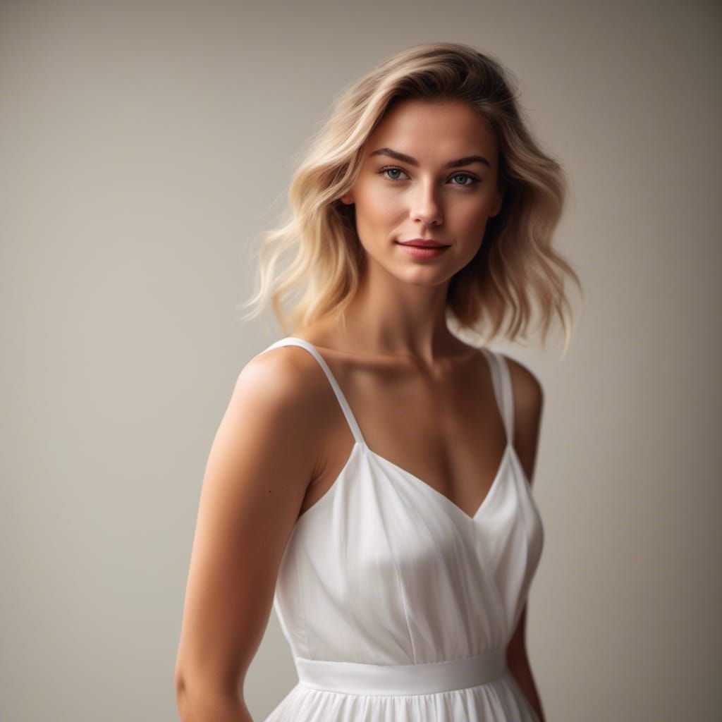 a beautiful Woman Wearing A White Dress, centered, looking at viewer, RAW photo, 8k uhd, dslr, soft lighting, high quality, film grain, Fuji...