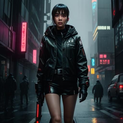 Medium shot of a female sci-fi protagonist in a cyberpunk ci...