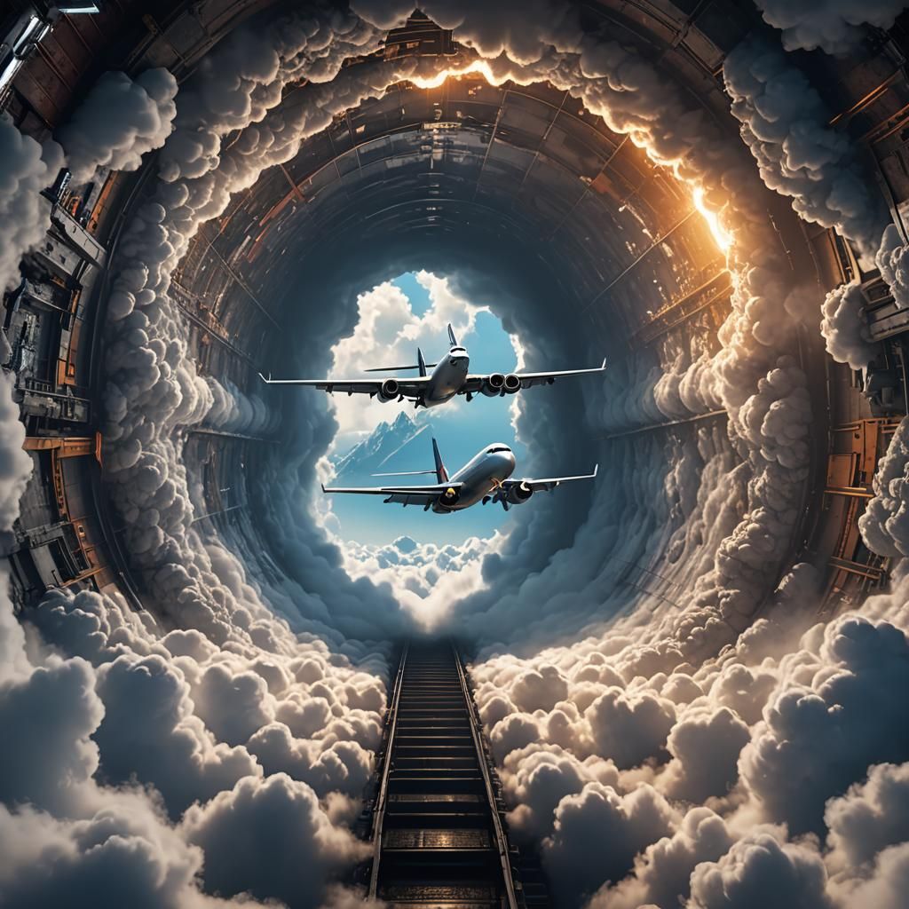 Airplane flying trough a cloudtunnel.