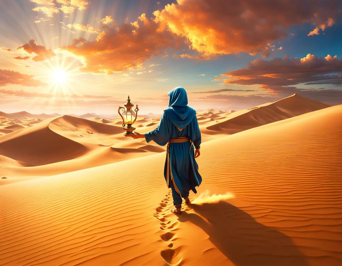 Genie in Desert Landscape: Digital Oil Painting