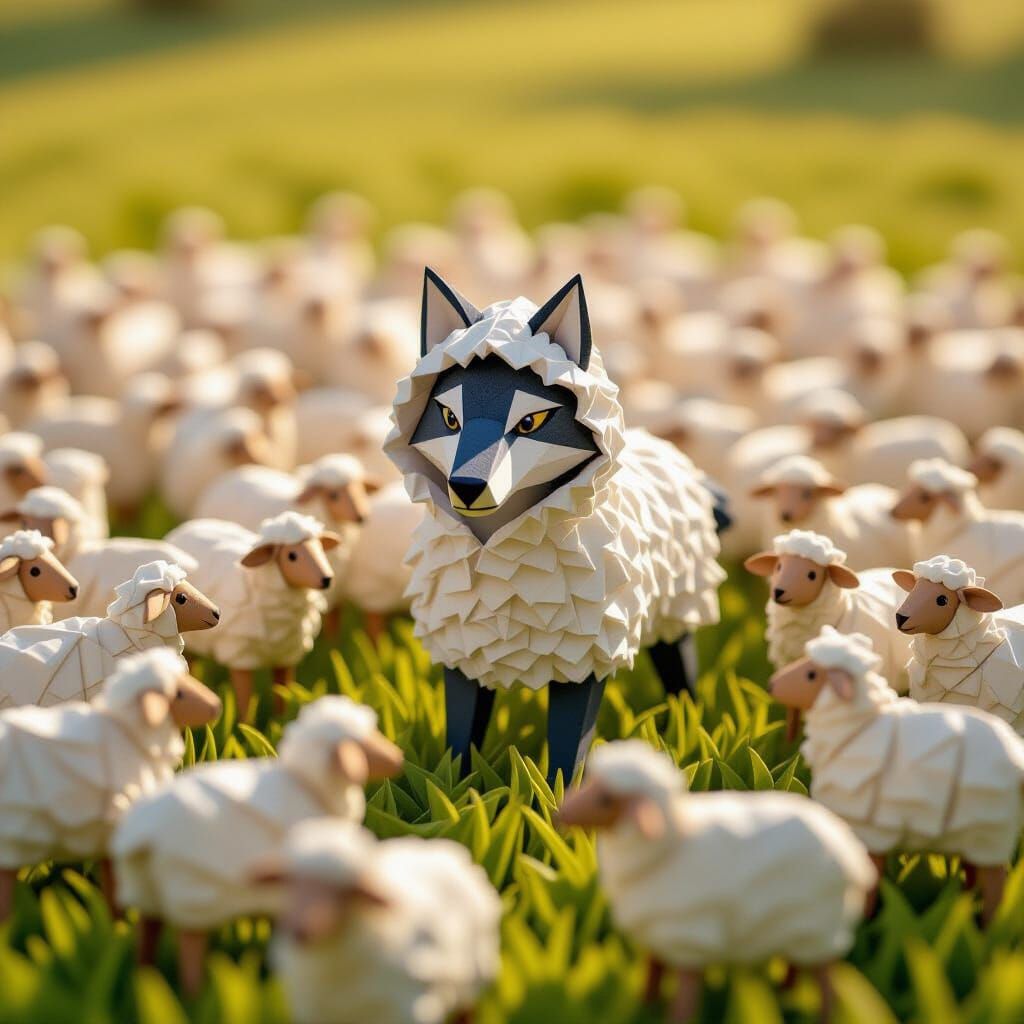 a wolf wearing a sheep's clothing in the middle of a flock of sheep in the field, all on a scale model ...  by @Night Core