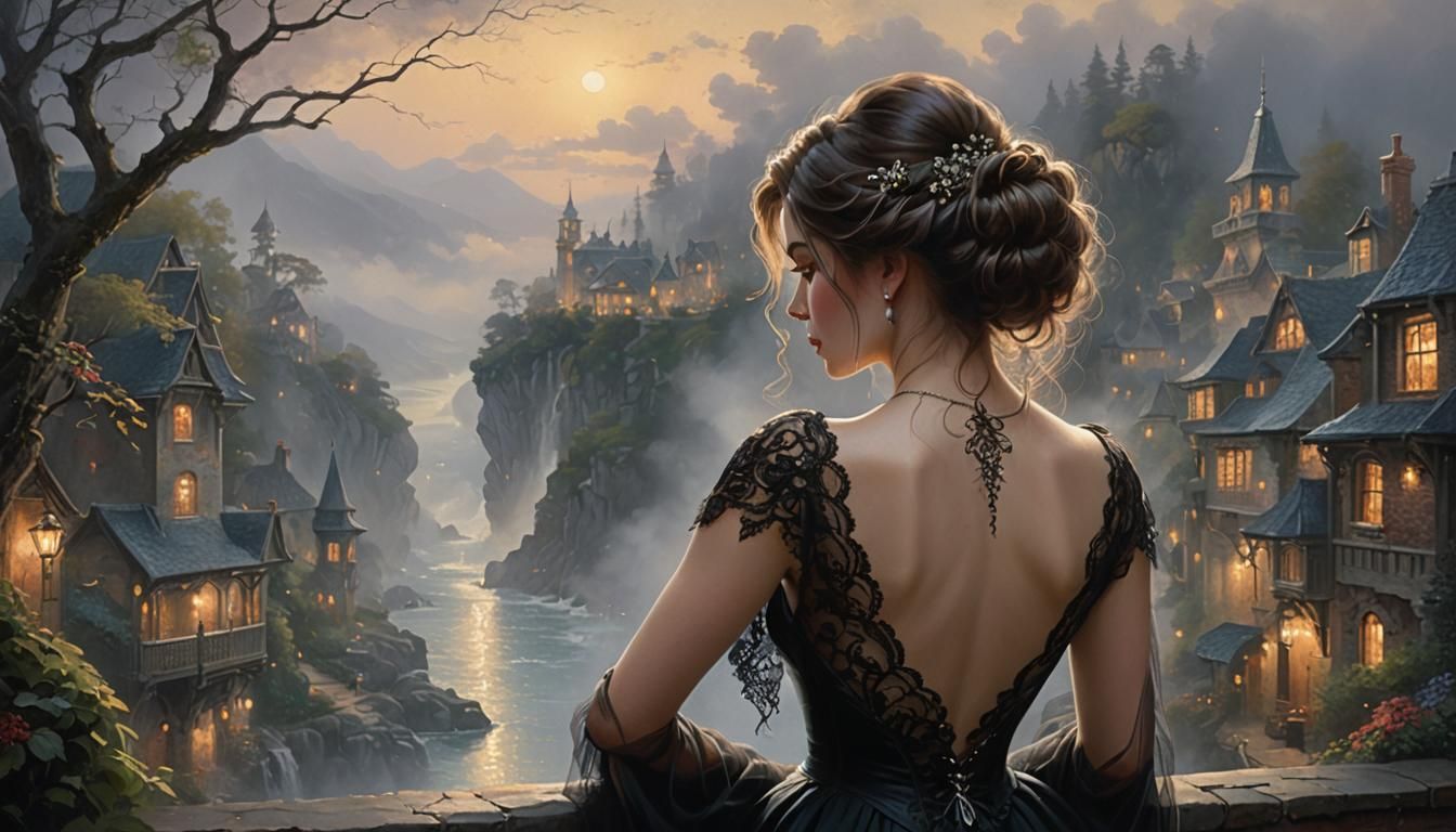 A sensuous back view of a woman, her hair cascading down her...