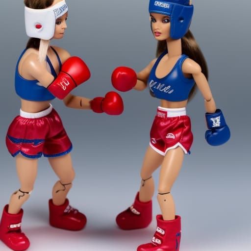 Boxing Barbies, fist to fist, posing in boxing ring, fight s...