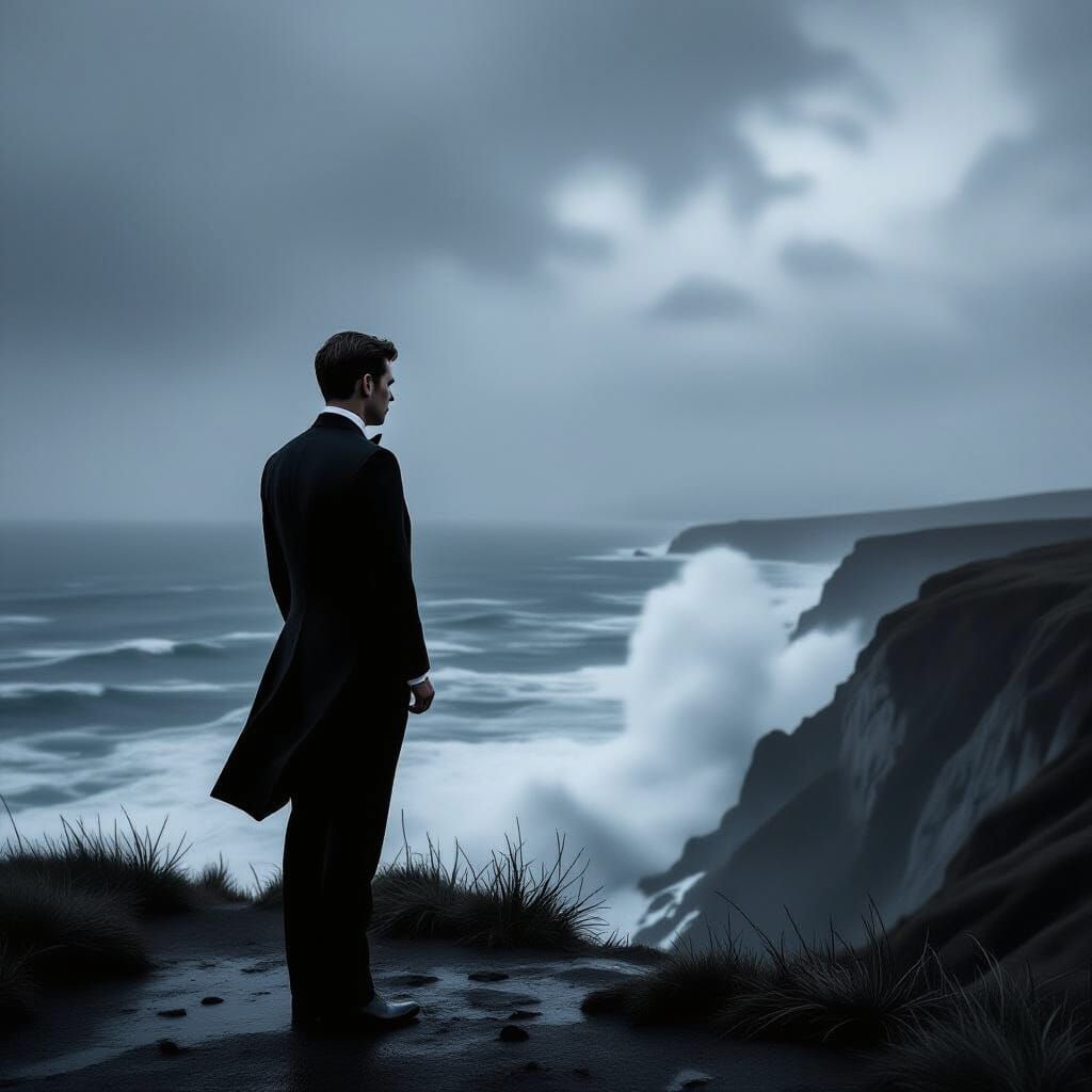 Groom on Windswept Cliff Overlooking Stormy Sea