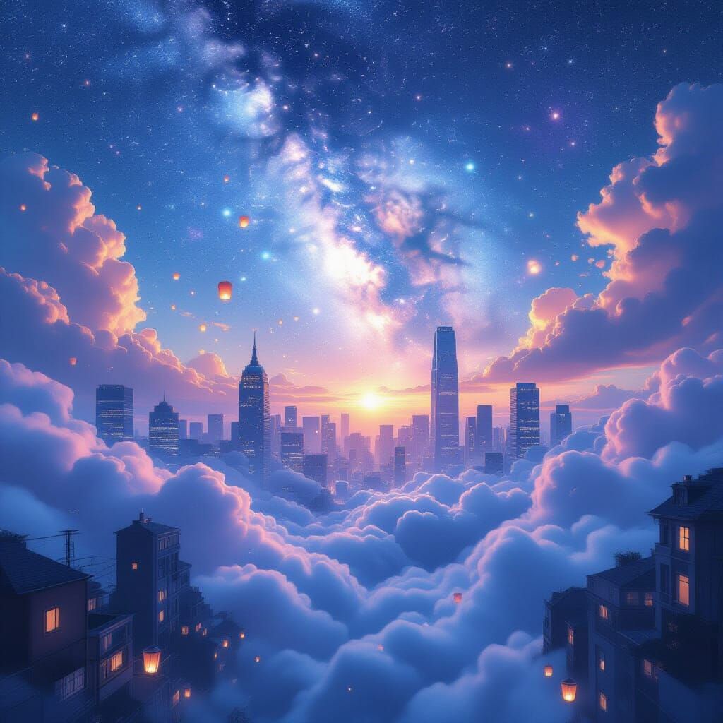 Surreal Cityscape Dissolving Into Galaxy, Dreamy Double Expo...