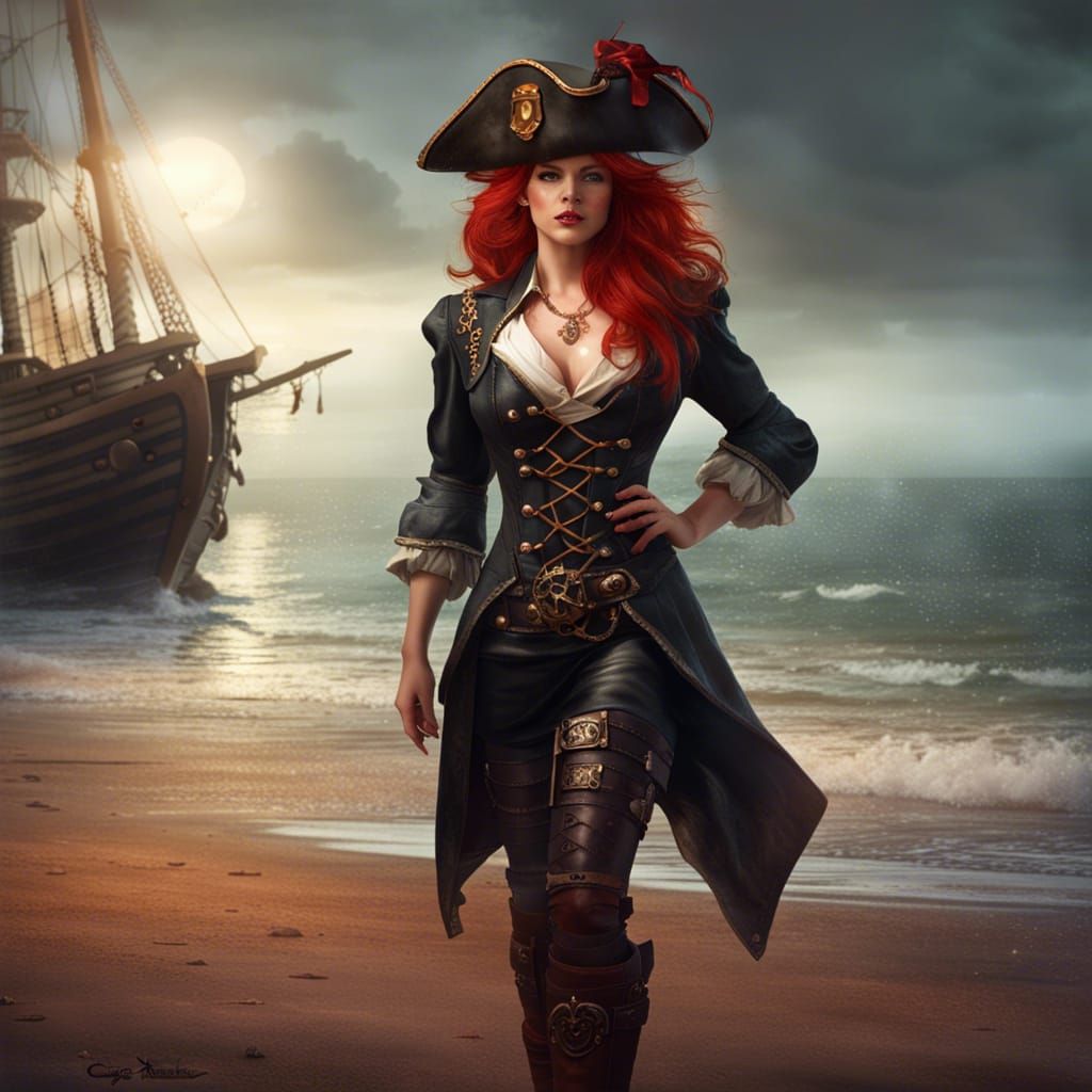 Beautiful captain pirate woman with red hair, high leather b...