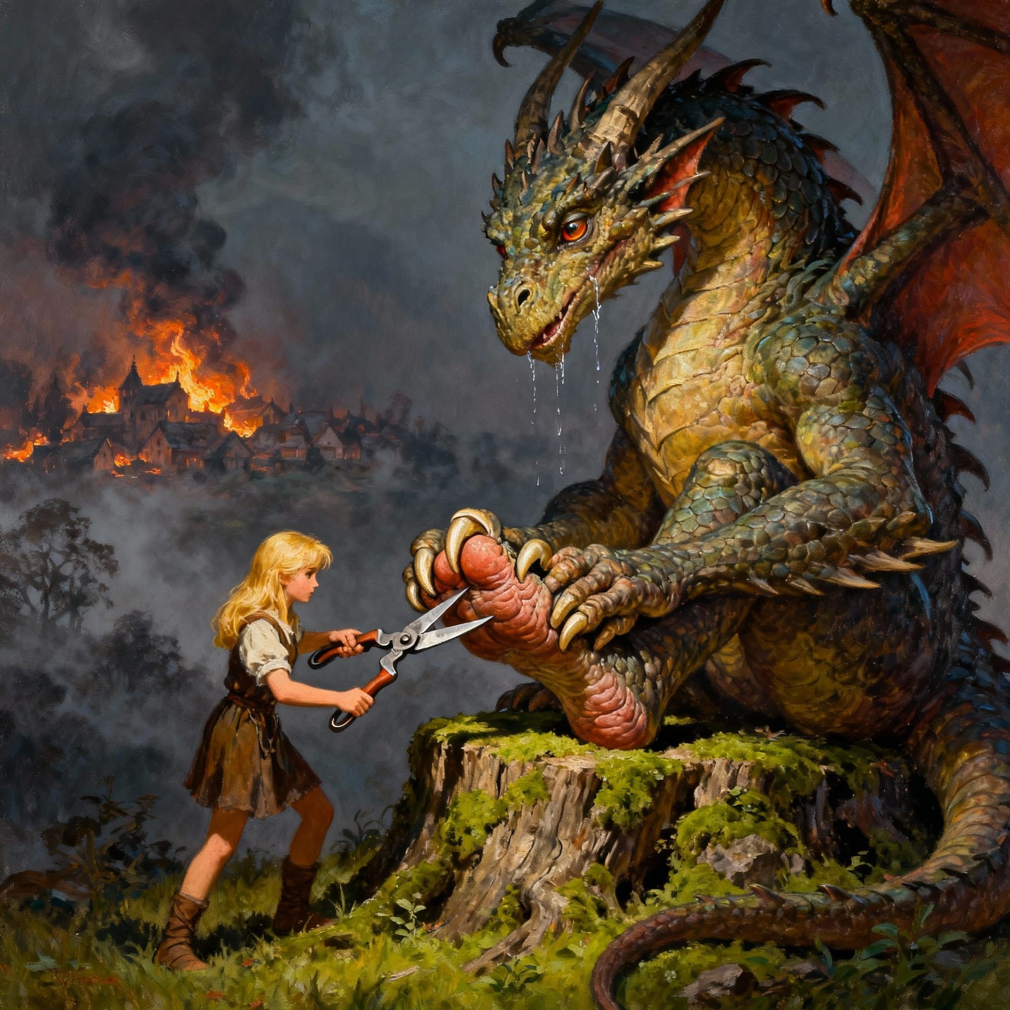 A fire breathing dragon, with very, very long toenails, and swollen toes, sits on a stump holding his sore foot, a little blonde girl is tri...