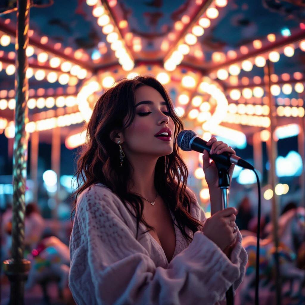 A beautiful gen z female singing on a marry go round in night, sharp lights, in 16:9 ratio
