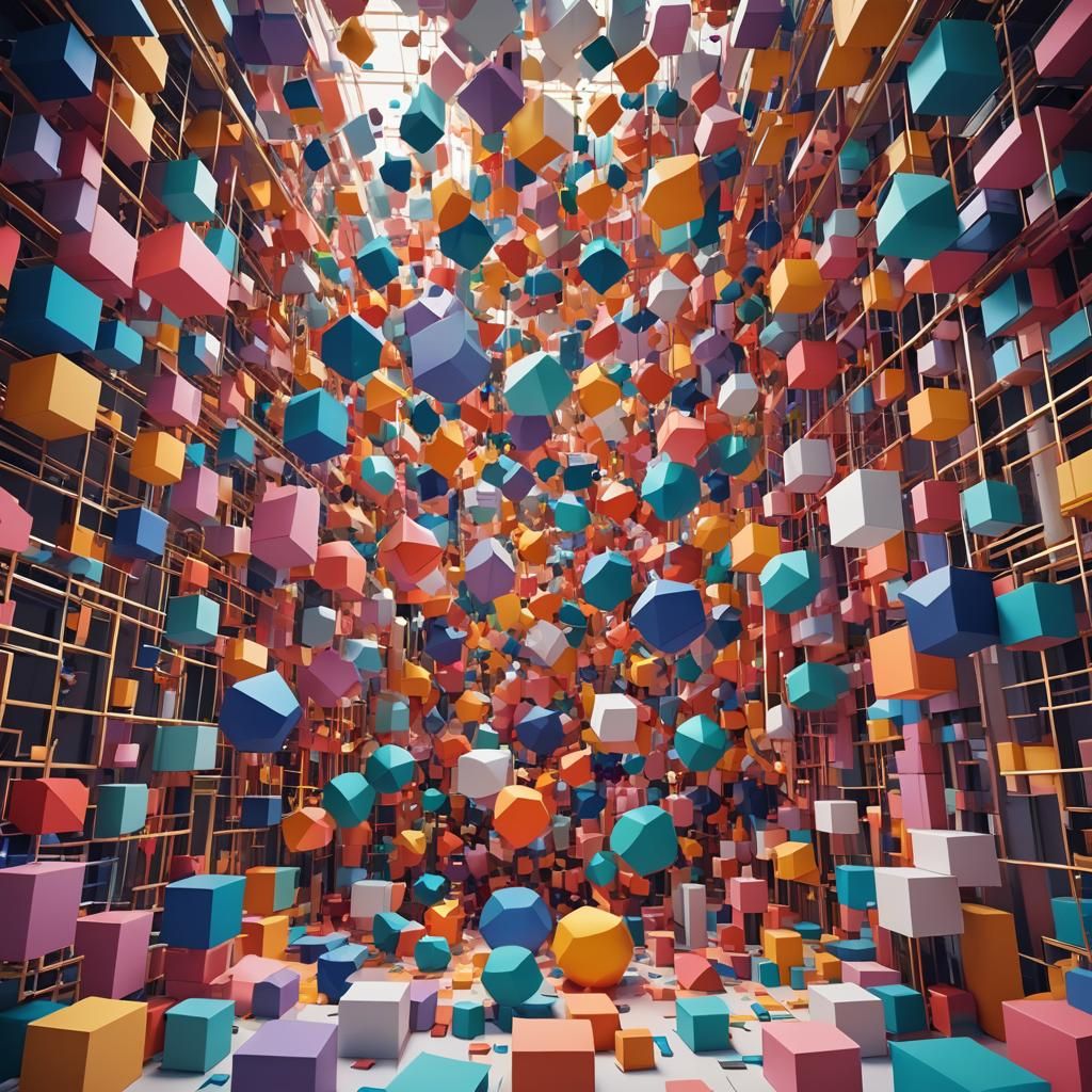 A random collection of different coloured, 3-dimensional geometric shapes, suspended in a vast 3-dimensional space.