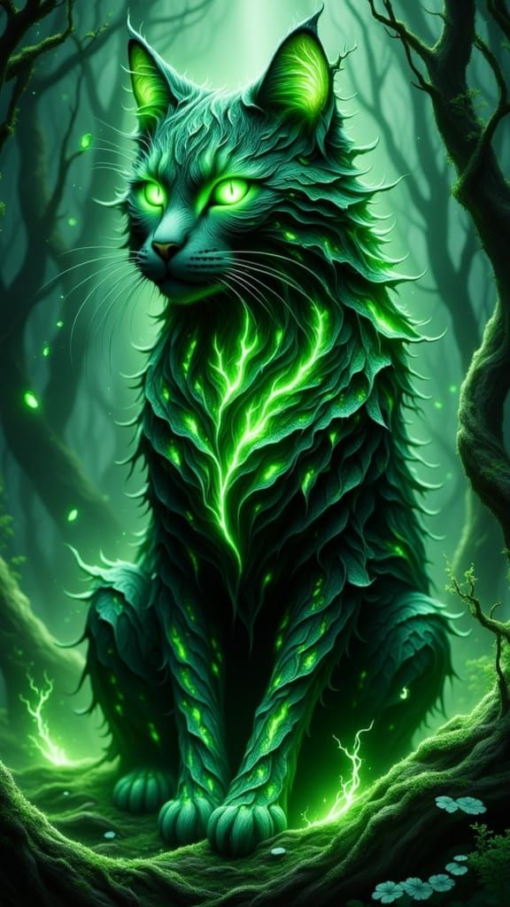<lora:Mystical Cats:1.0> Majestic, ethereal forest elemental cat with luminous emerald eyes, shimmering like lanterns in the darkness, surro...