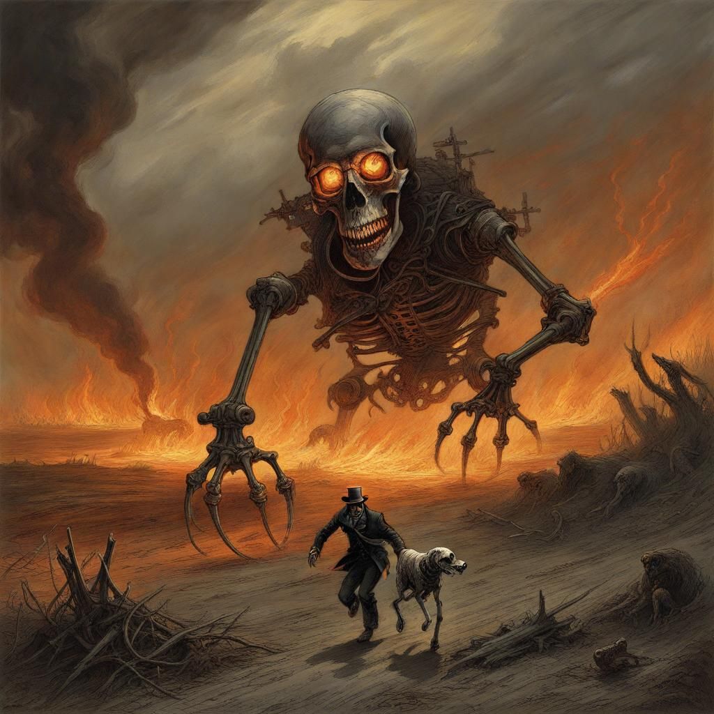Desolate wasteland with a flaming skeleton running from a he...