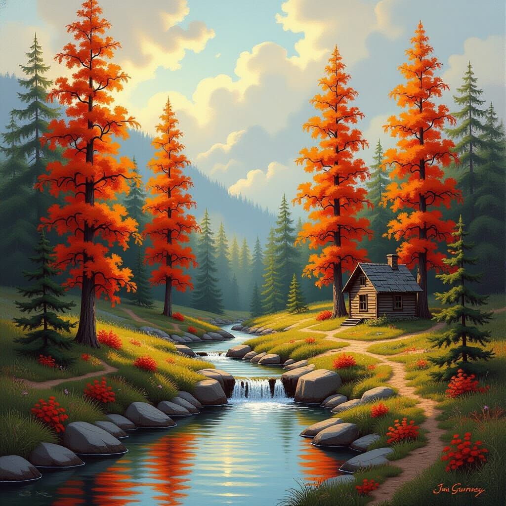 Vibrant Cypress Trees and Waterfall Oil Painting
