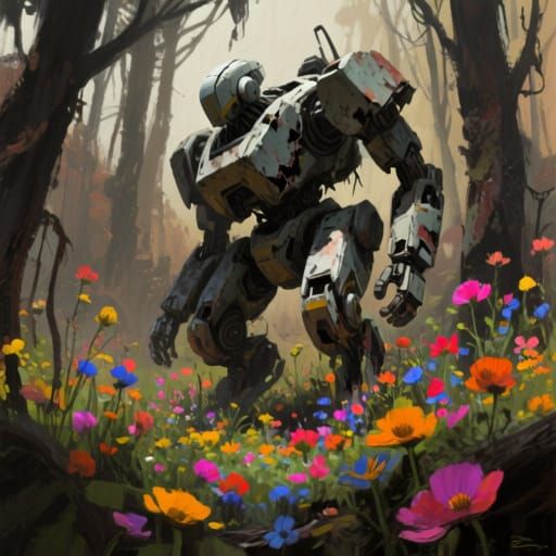 a destroyed battle robot, surrounded by brightly colored wildflowers in a bizarre forest, styled with Ash Thorp's dark realism, Simon Stalen...