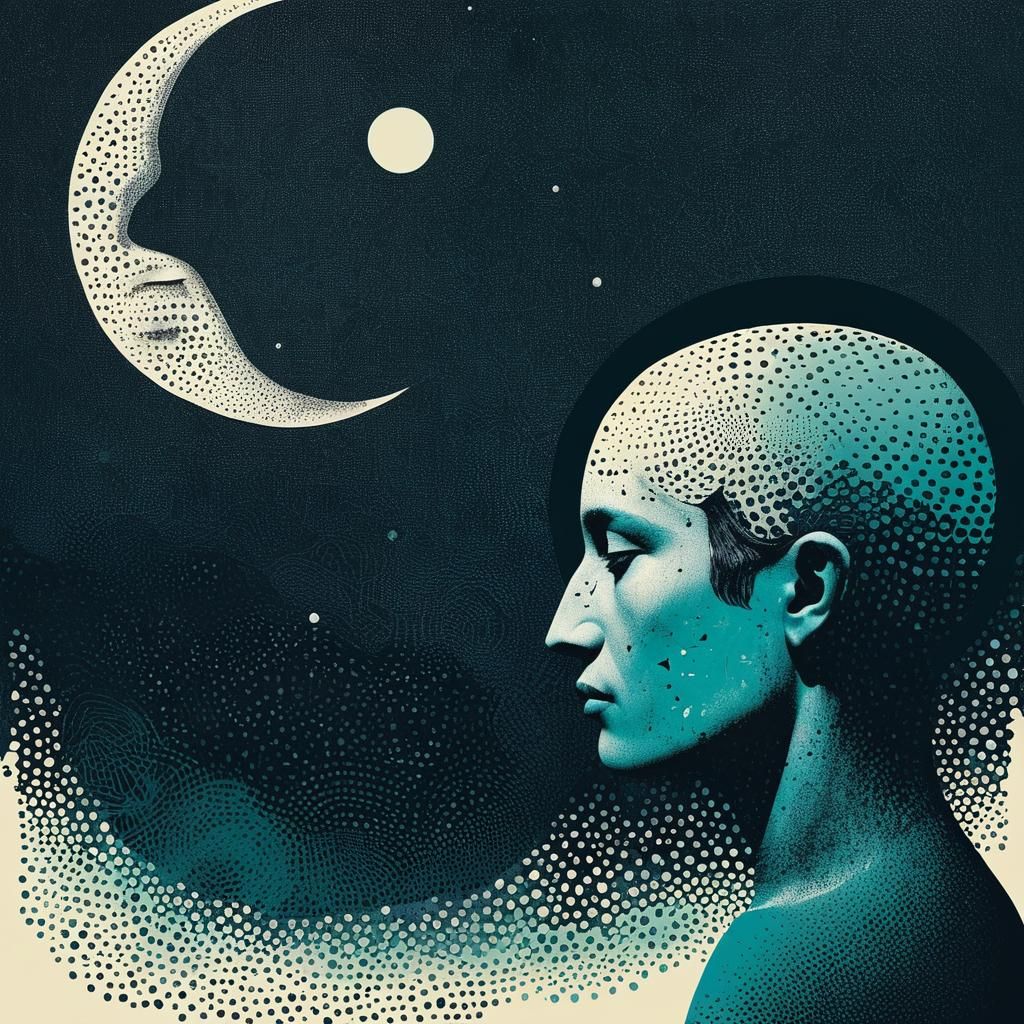 Moon profile + halftone pattern + editorial illustration of ...