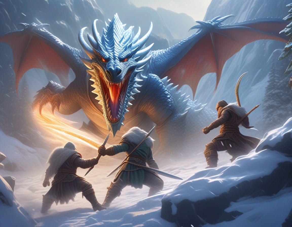 Warriors Fighting an angry Ice dragon in the mountain snow by Greg ...