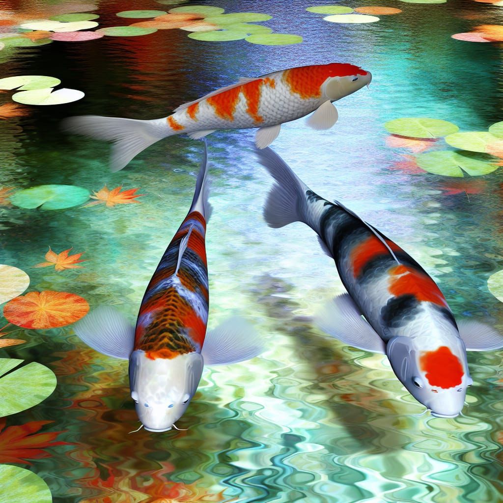 A hyper realistic digital artwork of 3 koi fishes swimming i...