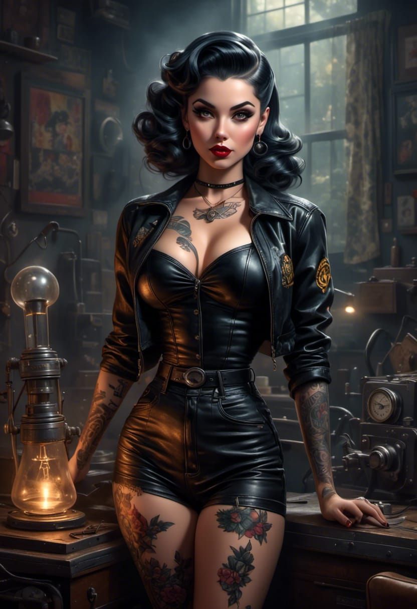 <lora:Spectral:1.0> <lora:Pinup:1.0> Insanely gorgeous retro rockabilly 50s tatooed pin up woman. Full body. Gearhead mechanic