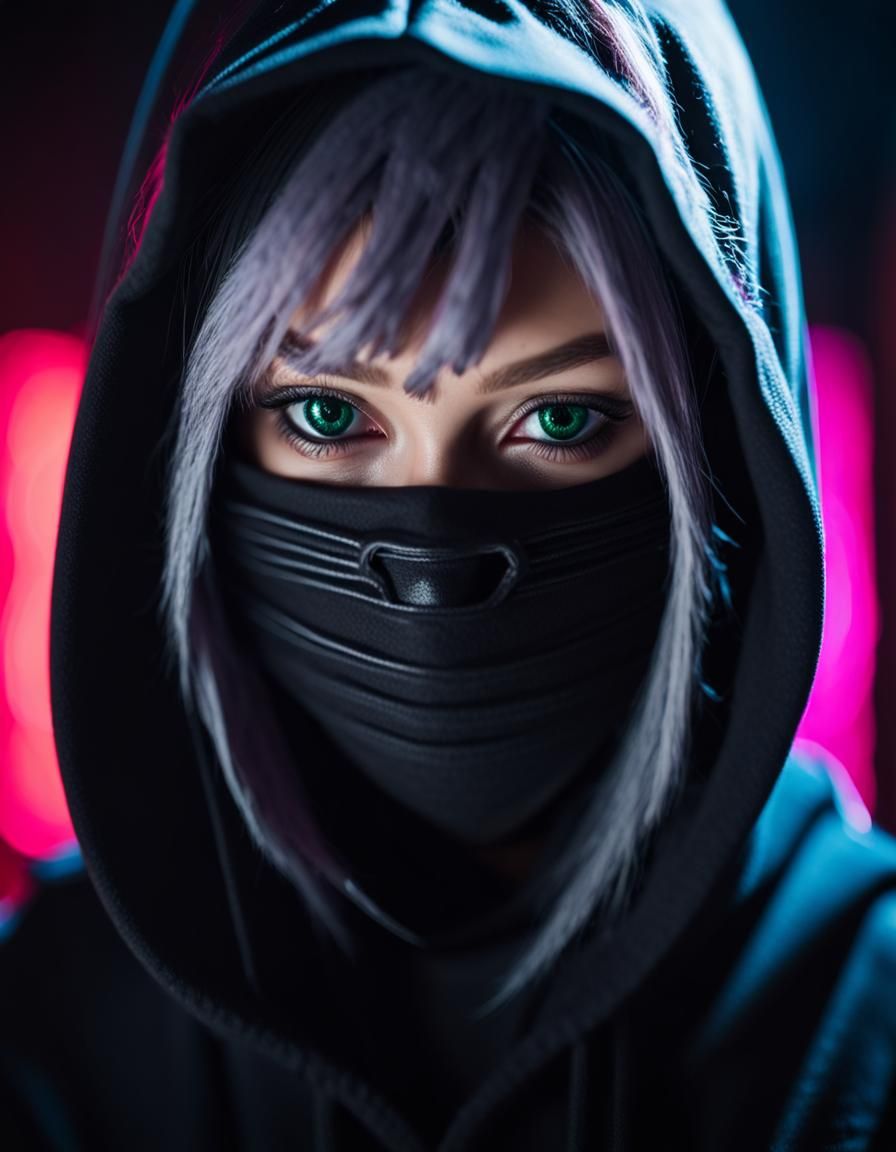 ninja, black hair, little girl, hood, - AI Photo Generator - starryai