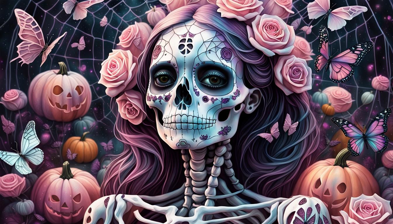 Girly Skeleton, dusty pink roses, butterflies, pink and whit...