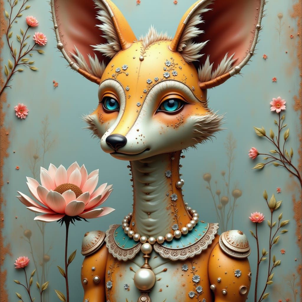 <lora:RustyMetalSurrealism:1.0> A surreal portrait of an anthropomorphic fox with intricate, floral lace-like details etched into their skin...