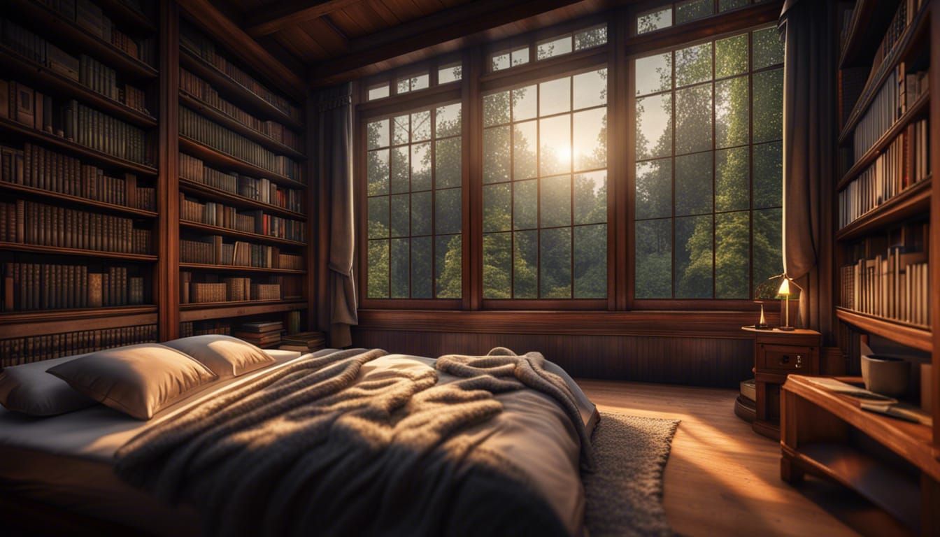 A cosy bed inside a library - AI Generated Artwork - NightCafe Creator